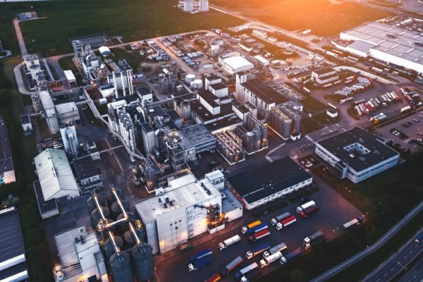 aerial view of congested production industry - machinery moves safety measures for working in congested areas